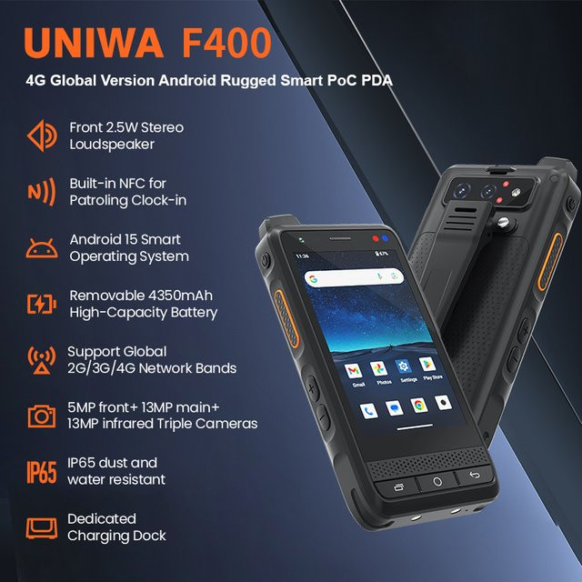 UNIWA F400 Robustes 4G PDA mit Android 15, Zello PoC Walkie-Talkie, 4 Zoll Display, 4GB RAM, 64GB Speicher, NFC und SOS-Taste, Schwarz - Bild 1