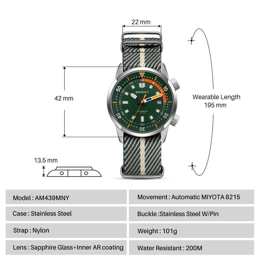 BERNY Taucheruhr, Automatik, Edelstahl, Saphirglas, 42 mm, Herren - Bild 6