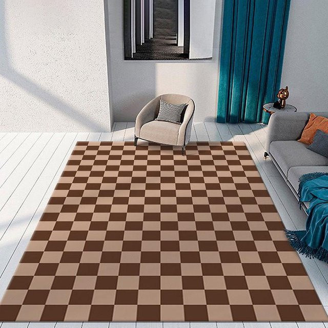 Waschbarer Schachbrett-Teppich von Karpetti in Braun und Multicolour für Wohnzimmer und Schlafzimmer, B/T: 80 x 120 cm - Bild 1