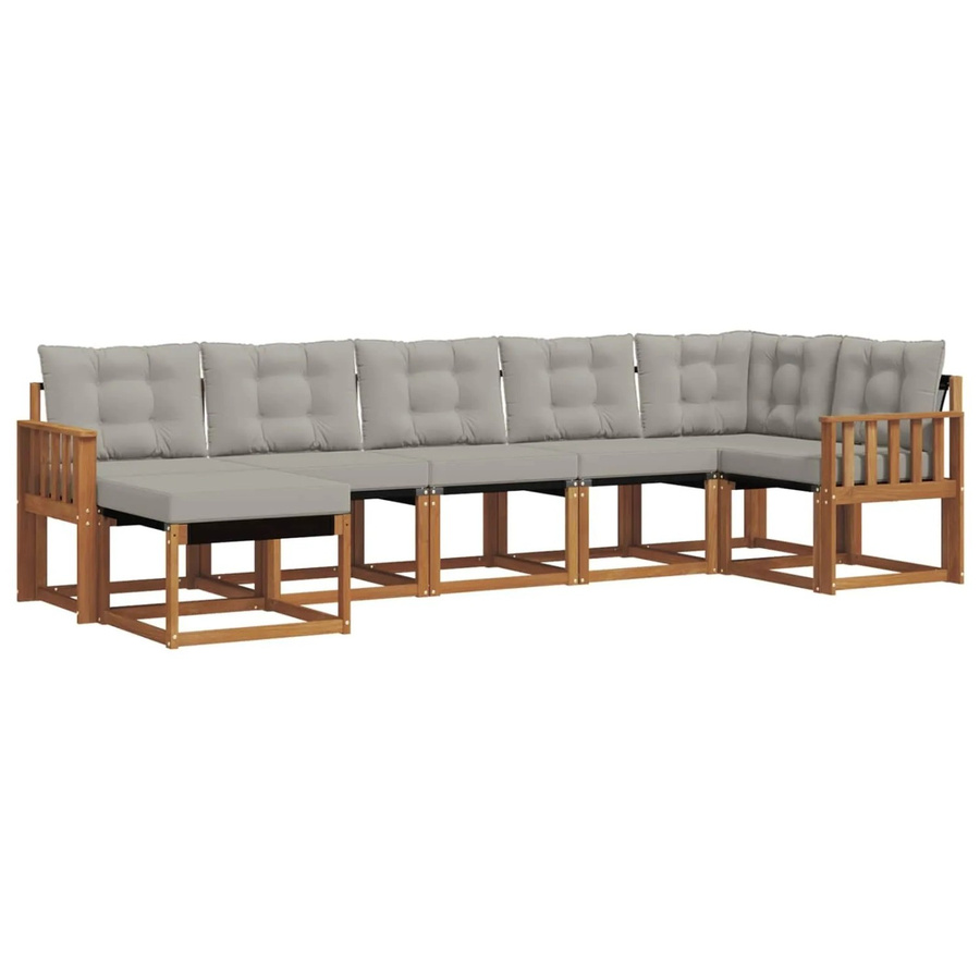 vidaXL Outdoor-Sofagarnitur 7-teilig aus Akazienholz und Textilene in Natur und Hellgrau mit Kissen und Armlehnen - Bild 2