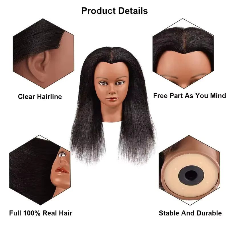 Yaki Haar Echthaar Mannequin Kopf mit Tischklemmständer, Unisex - Bild 3