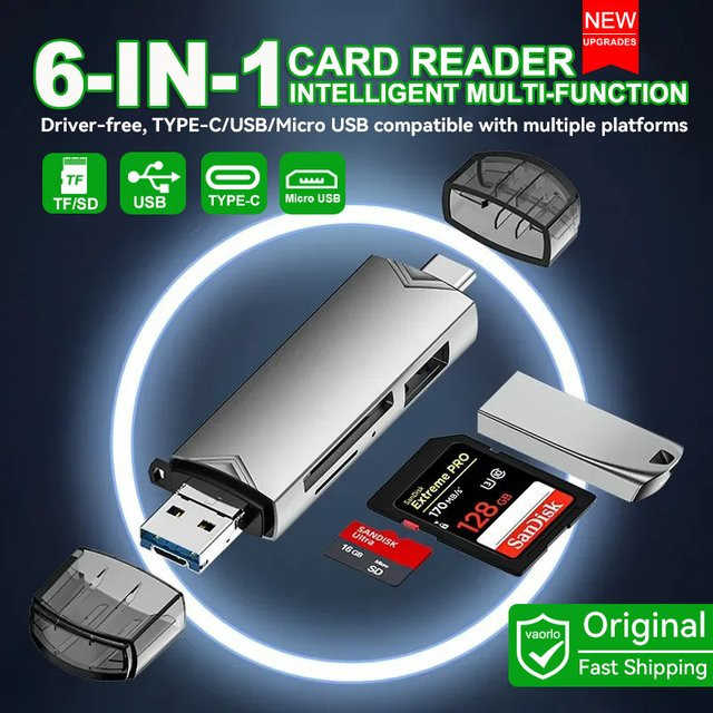 VAORLO 6-in-1 OTG Multifunktions-USB-3.0-Kartenleser in Weiß mit USB-C und USB-A für Smartphones, Laptops und Computer - Bild 1