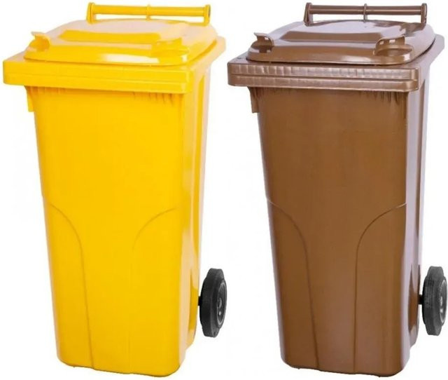PROREGAL SuperSparSet 2x 2-Rad-Mülltonne aus HDPE-Kunststoff, 120 Liter, Gelb und Braun - Bild 1