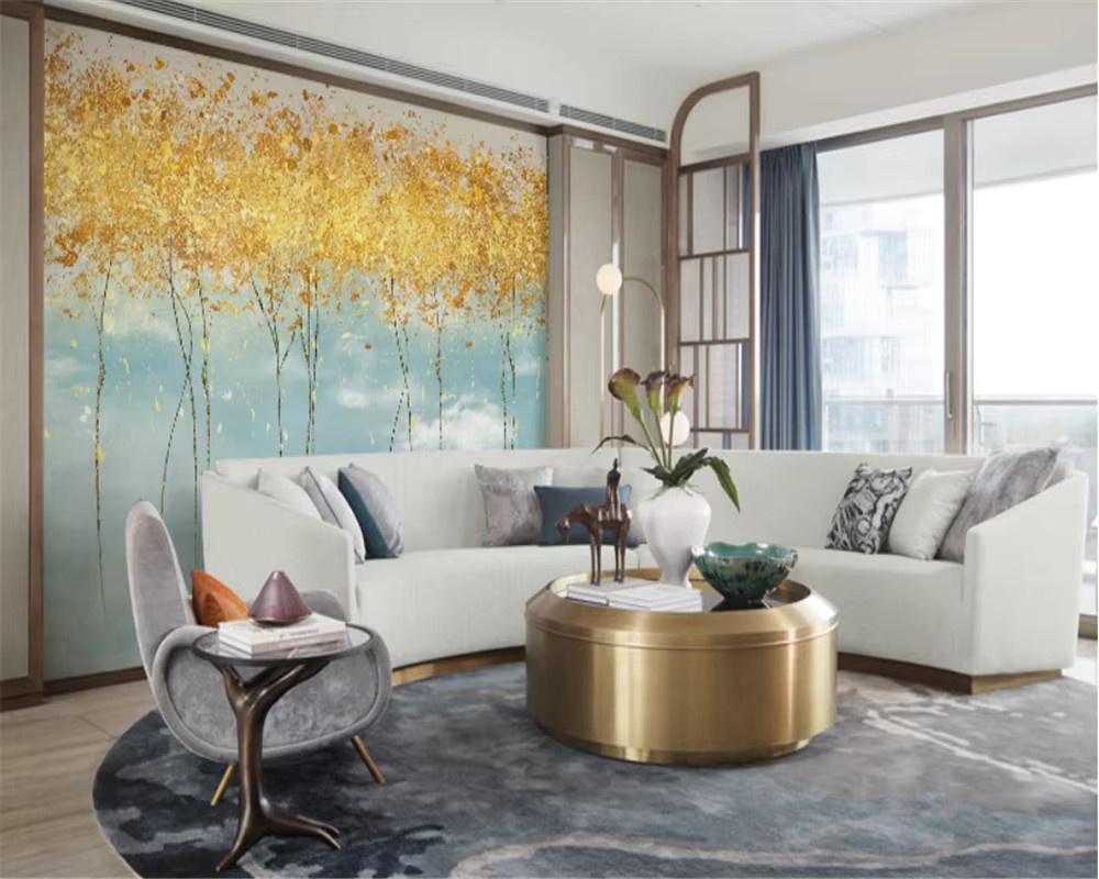 Beibehang Wandtapete mit goldenem Baum Motiv in floralem Design für Wohnzimmer und Schlafzimmer - Bild 1