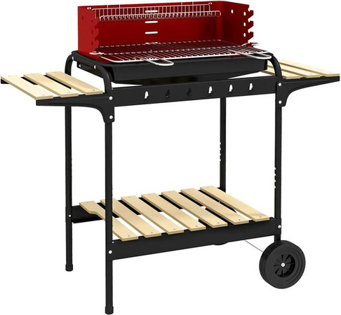 Outsunny Holzkohlegrill aus Metall und Kiefernholz in Rot mit höhenverstellbarem Grillrost und Rädern