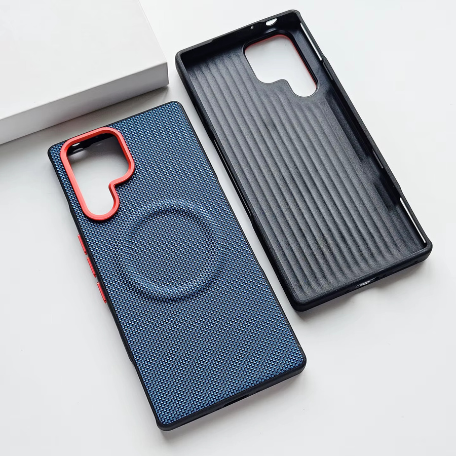 Rutschfeste Samsung Handyhülle aus luxuriösem PU-Gewebe in Grün mit magnetischer Ladefunktion und Sturmschutz für Samsung Galaxy S26 S25 Edge Ultra Plus - Bild 2