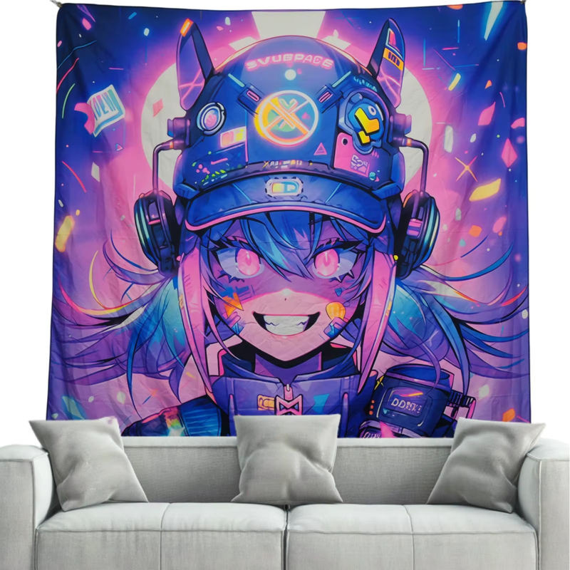 VIKAMA Cyberpunk Anime Wandteppich mit Porträt eines Mädchens in Lila und Mehrfarbig, Textil-Dekoration für dein Zuhause - Bild 1