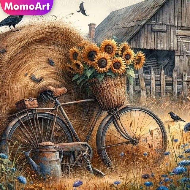 Momoart Diamantstickerei DIY Set Fahrrad Landschaft mit Sonnenblumen in Multicolour, Acryl Mosaik Handwerk - Bild 1