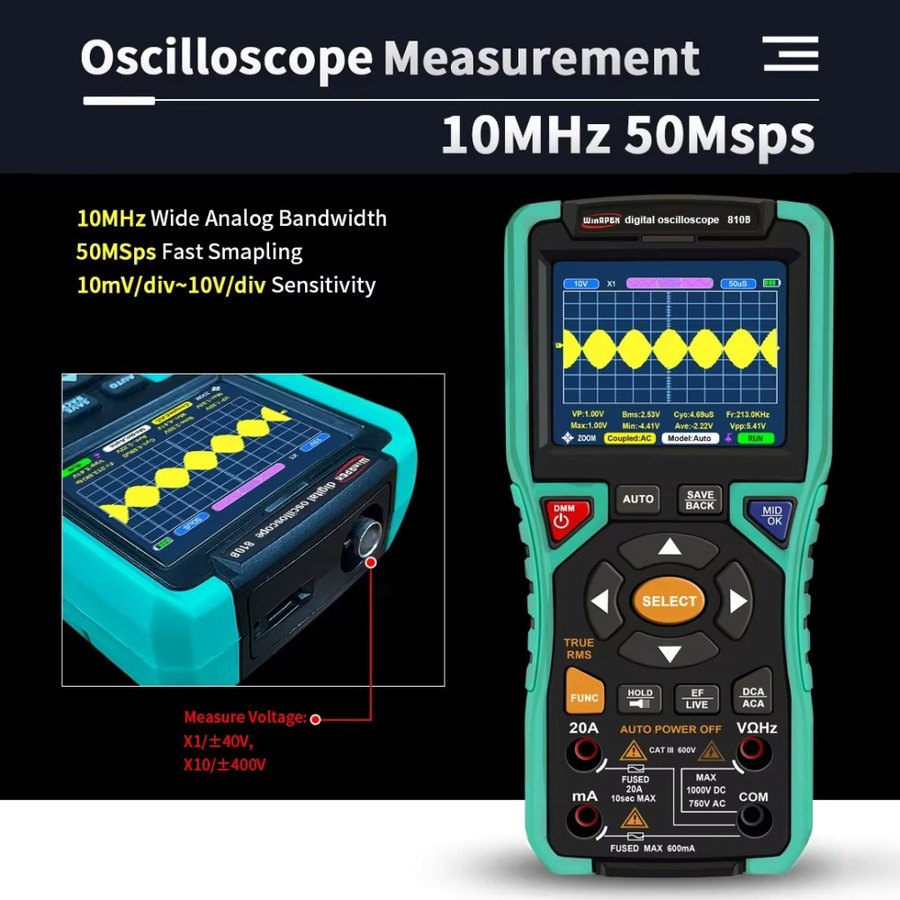 WinAPEX Tragbares Oszilloskop 10 MHz 50 MSa/s mit AC DC Voltmeter und Amperemeter, 9999 Zählender Smart Multimeter bis 400 V - Bild 2