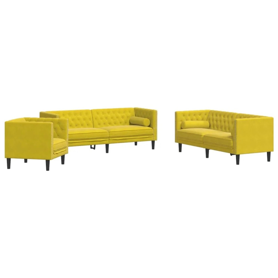 vidaXL Chesterfield-Sofa-Set aus Samt in Gelb mit 3-Sitzer-Sofa, 2-Sitzer-Sofa, Sessel und Nackenkissen - Bild 2