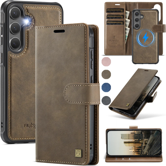 2-in-1 Magnetische Lederhülle mit abnehmbarem Kartenfach für Samsung Galaxy S25 Ultra S26 Ultra S24 Plus S24 FE S24 Edge in Braun - Bild 1