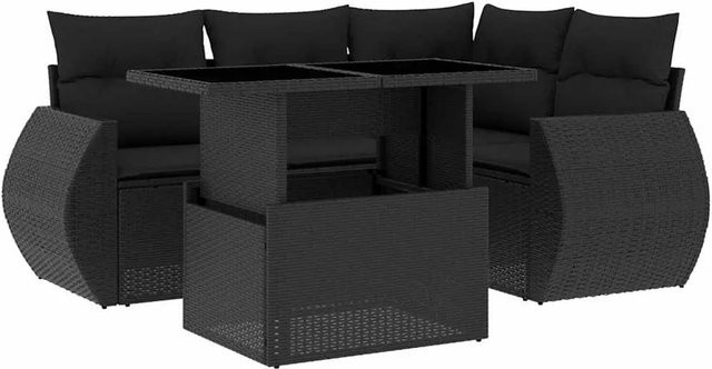 vidaXL 5-teilige Garten-Sofagarnitur in L-Form aus schwarzem Poly-Rattan mit Kissen und pulverbeschichtetem Stahlgestell - Bild 1