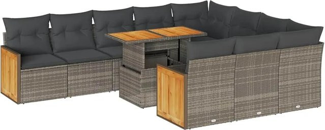 vidaXL 11-teilige Garten-Sofagarnitur aus Poly-Rattan und Akazienholz in Grau mit Kissen - Bild 1
