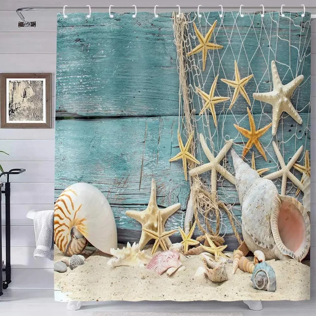 Potdemiel Duschvorhang mit Muschel- und Seestern-Motiv in Maritim-Optik, Polyester, Mehrfarbig, B/H: 180 x 90 cm - Bild 1