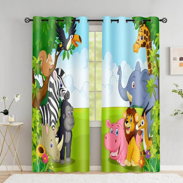 2er-Set Safari Tiere Fenster Vorhänge mit Dschungel Wald Print von A Family Of Home Textiles, halbtransparent, Mehrfarbig, B: 50 cm, H: 160 cm - Bild 1