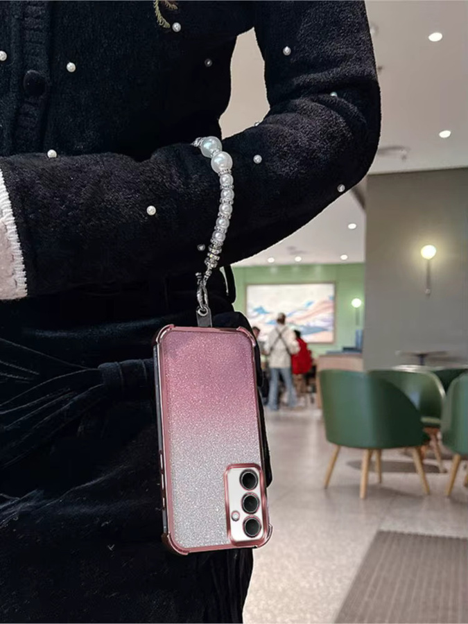 Stoßfeste TPU-Handyhülle mit Gradient Glitter und luxuriösem Perlenketten-Handschlaufenband für Samsung Galaxy A35 A55 5G in Pink - Bild 3