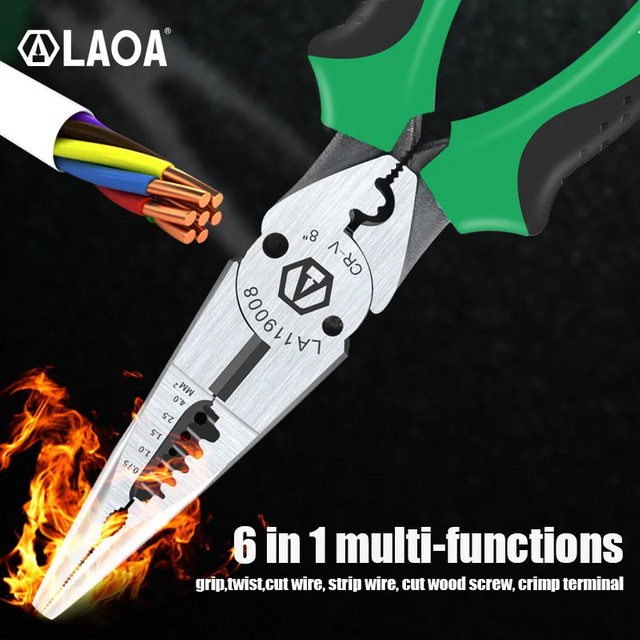 LAOA Multifunktionszange 6-in-1 aus Chrom-Vanadium in Grün, Abisolierzange 0,7-4,0 mm und Drahtschneider, 8 Zoll Spitzzange - Bild 1