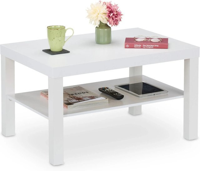 Relaxdays Couchtisch aus MDF in Weiß mit 2 Ablagen, B/T/H: 79 x 45 x 55 cm - Bild 1