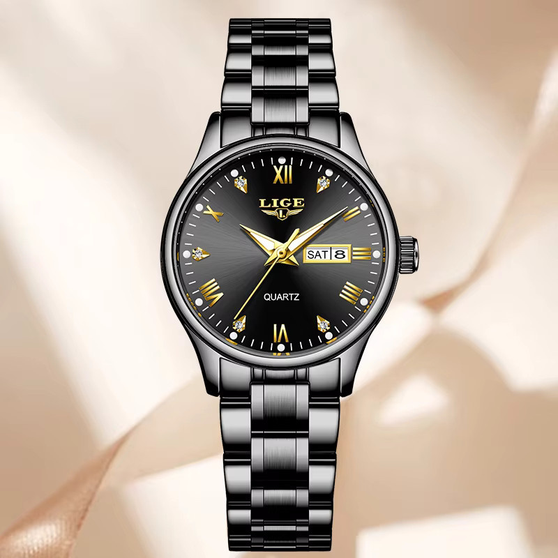 LIGE Armbanduhr Quarz, Edelstahl, Silikon, Schwarz, Damen - Bild 3