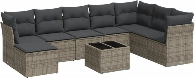 vidaXL 9-tlg Garten-Sofagarnitur in L-Form aus grauem Poly-Rattan mit UV-beständigen Kissen und Metallrahmen - Bild 1