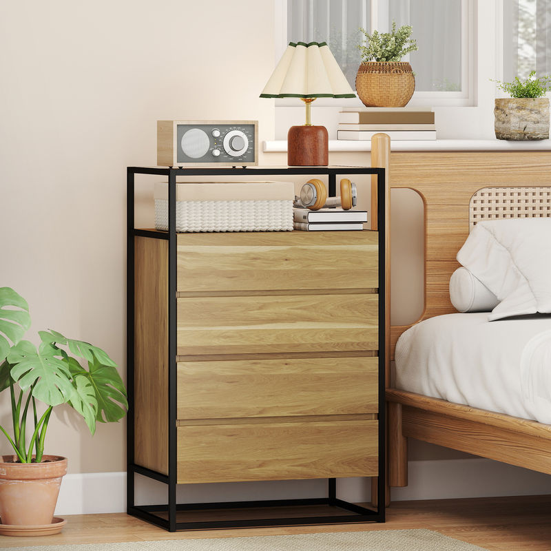 HOMCOM Kommode mit 4 Schubladen in Teak, Schlafzimmerkommode mit gehärteter Glasoberfläche und Stahlkonstruktion, B/T/H: 60 x 40 x 94,5 cm - Bild 2