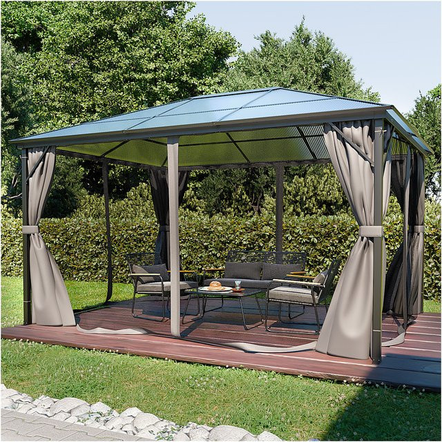 GARMIO Pavillon Garten Überdachung mit Polycarbonat-Dach, Moskitonetz und wasserdichten Seitenteilen in Anthrazit, B/T: 4 x 3 m - Bild 1