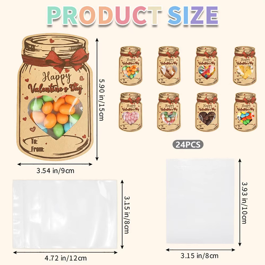 24er Set Kraft Candy Jar Valentinstag Karten mit transparenten versiegelten Taschen für Klassenzimmer und Partys - Bild 2