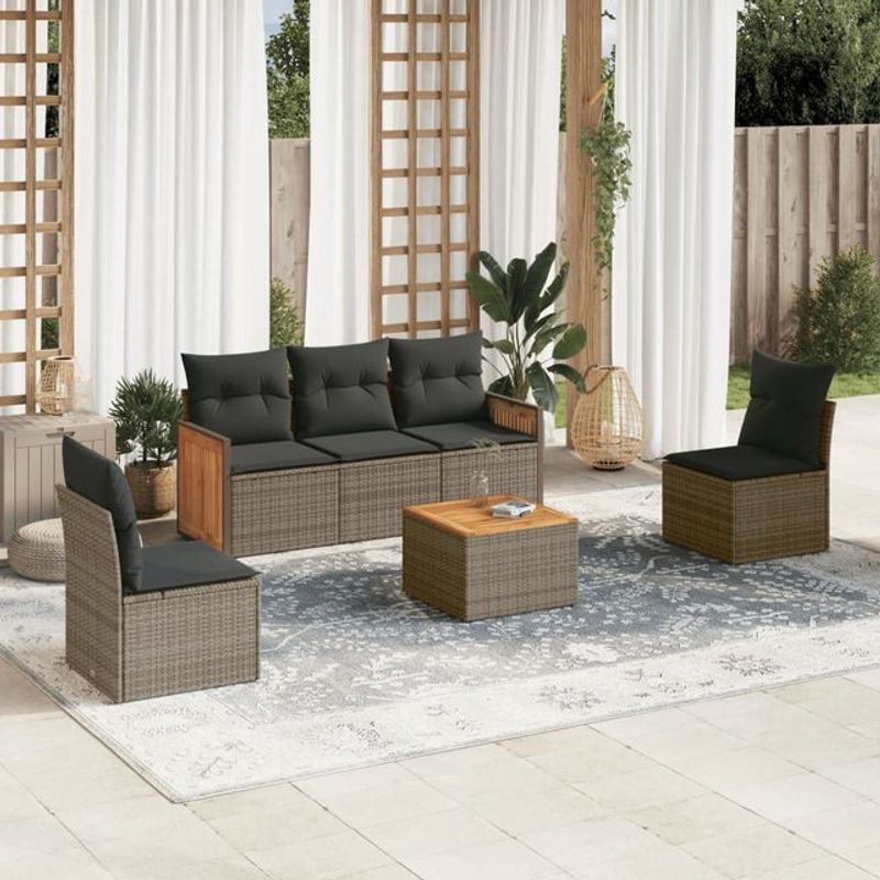 Vidaxl 6-teiliges Gartenmöbel-Set aus Polyrattan und Akazie mit Kissen, Grau - Bild 1