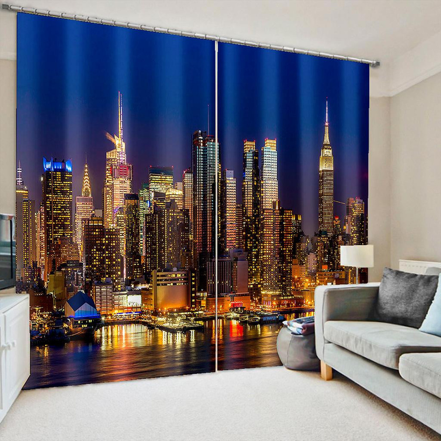 Verdunkelungsvorhangpaneele New York City Nachtansicht mit Neon-Stadtlandschaft, Mehrfarbig, B: 50 cm, H: 160 cm, 2er-Set mit Stangendurchzug und Haken - Bild 1