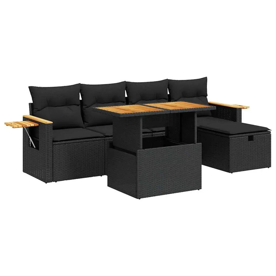 vidaXL 6-tlg. Garten-Sofagarnitur in L-Form aus schwarzem Poly-Rattan mit Kissen und pulverbeschichtetem Stahlgestell - Bild 2