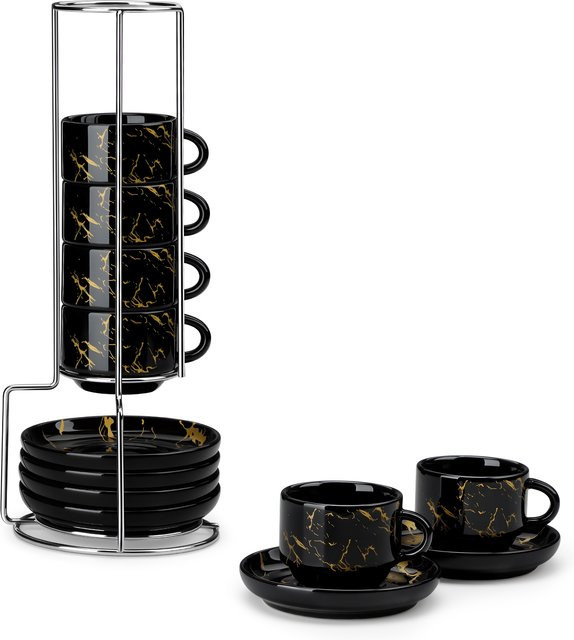 Malacasa Porzellan Tassenset in Schwarz-Weiß mit Untertassen und Metallständer für Cappuccino, Espresso und Latte, 6/12-teilig - Bild 1