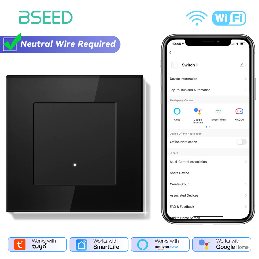 BSEED WLAN Smart-Schalter mit schwarzem Glasrahmen und gelber Hintergrundbeleuchtung, Tuya App Steuerung, EU-Standard, Neutralleiter erforderlich - Bild 2