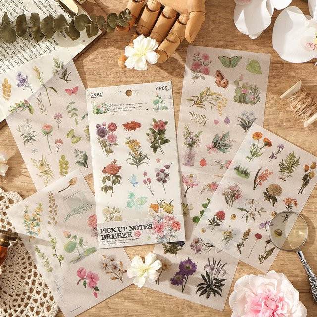 6-teiliges Set flache Retro-Aufkleber mit Vintage-Mustern wie Blumen und Poststempeln in Multicolour aus Papier zur Dekoration von Tagebuch und Karten - Bild 1