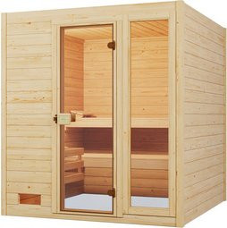 WEKA Massivholzsauna Valida 3 für 6 Personen in Braun inklusive 7,5 kW Ofen mit externer Steuerung und Sparset mit Glastür und Fenstern - Bild 1