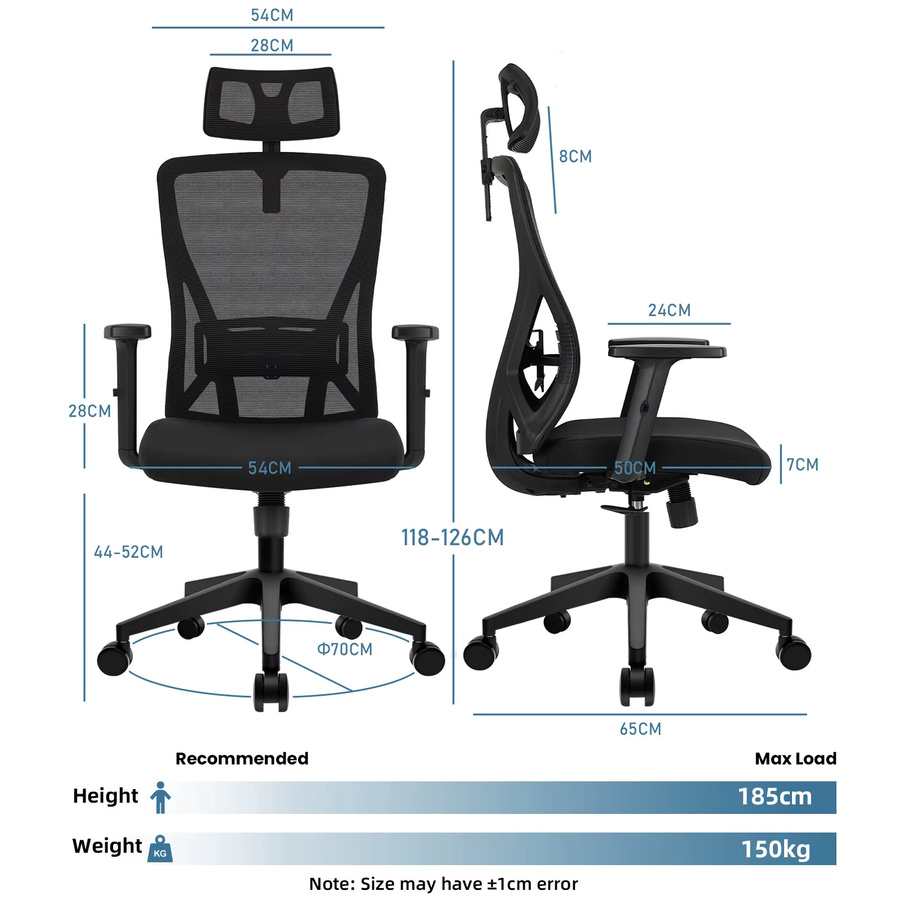 Durrafy Ergonomischer Bürostuhl in Schwarz mit Lordosenstütze und Kopfstütze, moderner Drehstuhl aus Stoff - Bild 3