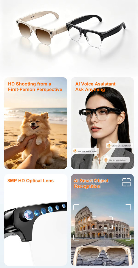 Lenovo Smarte KI-Brille mit 8K-Aufnahme, HD-Kamera, Bluetooth und Sprachanruf für Bild- und Videoübertragung sowie Übersetzung - Bild 4
