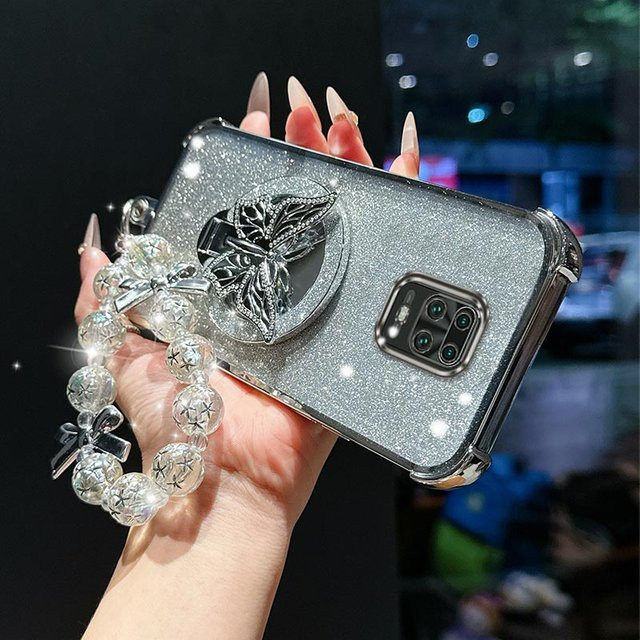 Xiaomi Handyhülle Note 10 Lite Plating mit eleganter Schmetterlingshalterung und Umhängeband in Silber - Bild 1