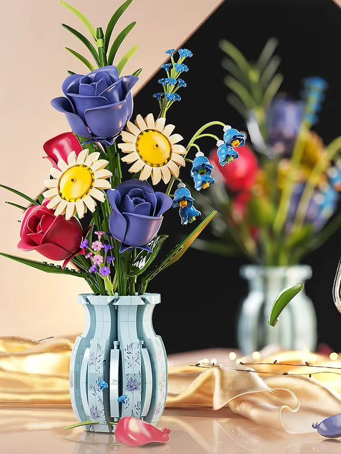 Forange Blaue Porzellan-Blumenstrauß-Bausteine, Rosen- und Sonnenblumen-Modellbausatz mit Vase - Bild 6