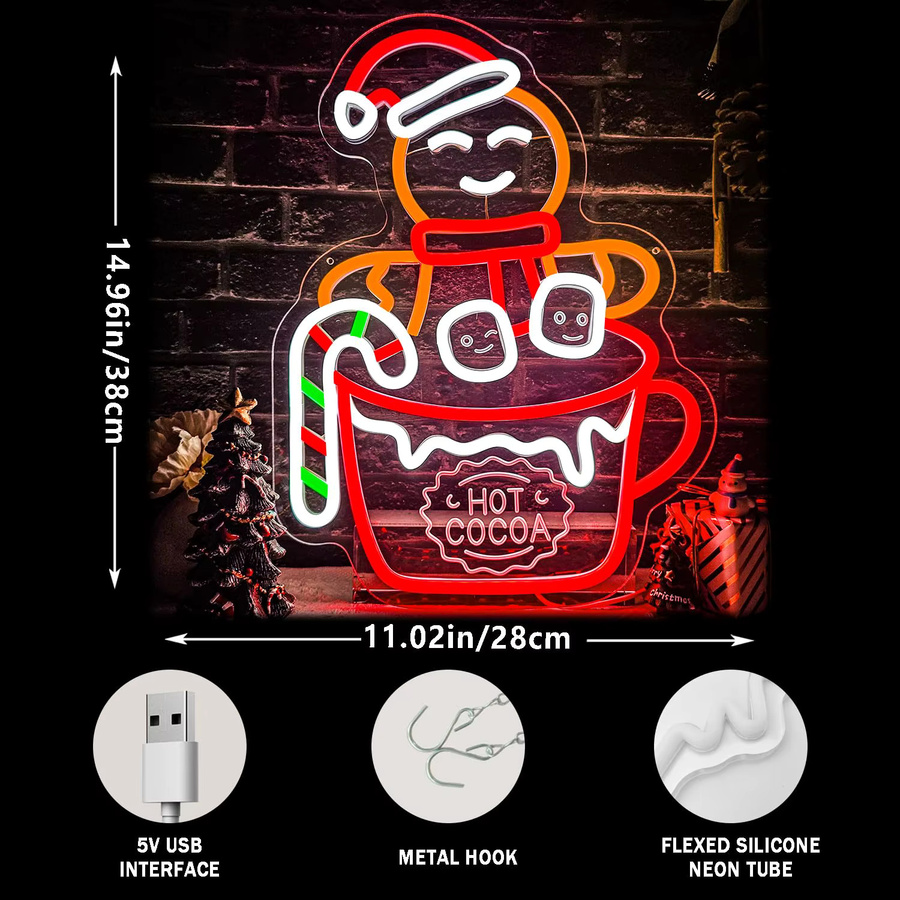 Dimmbares Gingerbread Man Hot Cocoa Neon Schild als mehrfarbige Weihnachtsbeleuchtung zur Wanddekoration - Bild 2