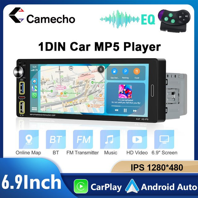 Camecho Wireless Carplay Android Auto 1 Din Autoradio mit 6,9 Zoll IPS Bildschirm, Bluetooth, MP5 Multimedia Player und Dual USB/Typ-C, Schwarz - Bild 1