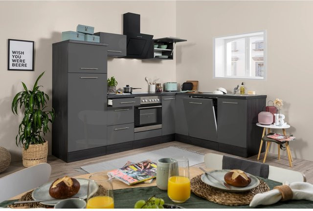 Respekta Premium Winkelküche modern in Grau Hochglanz-Eiche mit Soft-Close-Türen und internen Schubladen - Bild 1