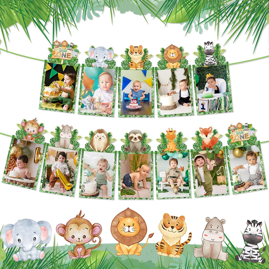 WEIGAO Foto-Wimpelkette Wild One Safari-Thema für den 1. Geburtstag, Mehrfarbiges Papier-Banner mit Tiermotiven zur Party-Dekoration - Bild 3