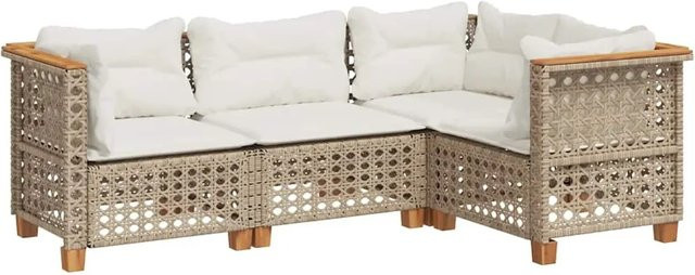 vidaXL 4-teilige Garten-Sofagarnitur in L-Form aus Poly-Rattan und Akazienholz in Beige mit Kissen - Bild 1