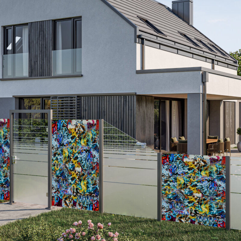 Sichtschutzzaun VETRO von T&J mit Graffiti Motivdruck in Multicolor, semi-transparentes Glas, Höhe: 180 cm - Bild 1