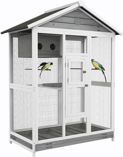 PawHut Vogelkäfig aus Tannenholz mit 4 Sitzstangen und ausziehbarer Bodenwanne, Farbe: Weiß, H x B x T: 154 x 112 x 68 cm - Bild 1