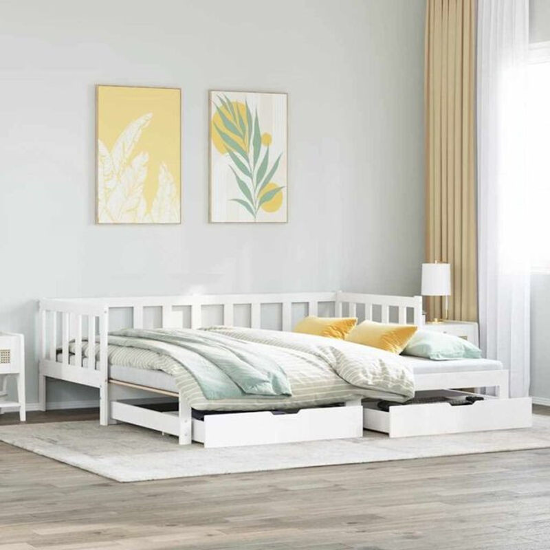 Ausziehbares Tagesbett mit Schubladen von vidaxl aus Massivholz Kiefer in Weiß B/T/H: 90 x 200 cm - Bild 1