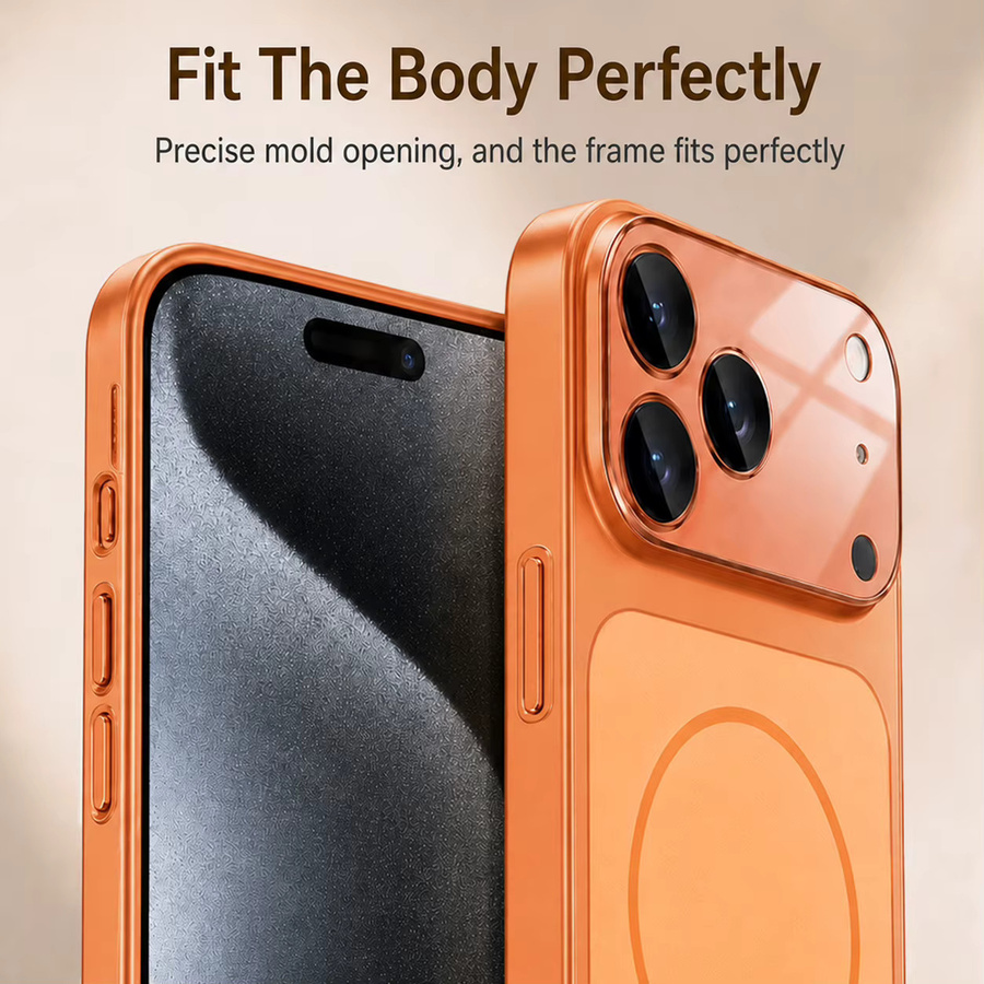 VOUVI Handyhülle mit metallischer Textur und Magnetfunktion für iPhone 17 16 15 14 13 Pro Max, stoßfest und kabelloses Laden, Silber oder Orange - Bild 3