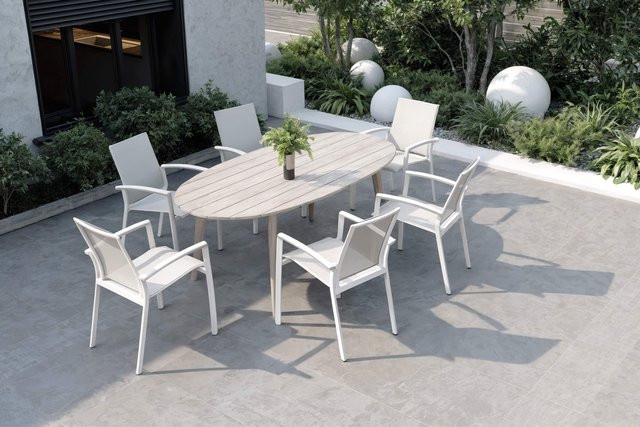 Siena Garden Garten-Essgruppe aus Alu und Akazienholz in Grau/Weiß mit ovalem Tisch und 6 Dining Sesseln, Tisch Breite: 200 cm, Tiefe: 100 cm, Höhe: 75 cm - Bild 1