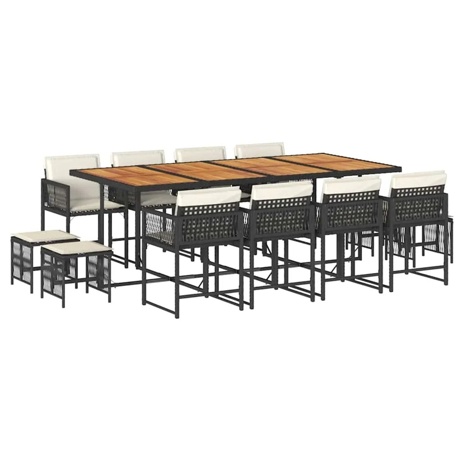 vidaXL 13-teilige Garten-Essgruppe aus Poly Rattan mit Kissen und Akazienholz in Schwarz, Braun und Cremeweiß - Bild 2