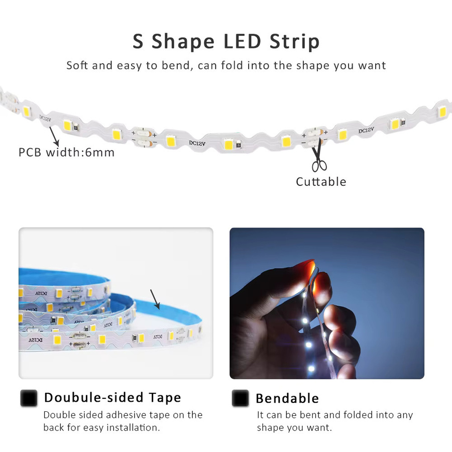 WeeTisa S-förmiges LED-Streifenlicht SMD2835 Flexband für Buchstabenschilder und Hintergrundbeleuchtung, DC12 V, 10 m, 60 LEDs/m, warm-kaltweiß - Bild 2